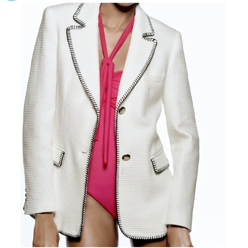 ZARA WOMAN CONTRAST TRIM SEAMED STRAIGHT CUT BLAZER